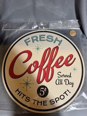Retro Fresh Coffee Served All Day 12” Round Metal Sign Diner Cafe Kitchen